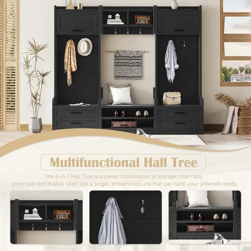 Dark Gray Hall Tree with Storage Cabinets, Open Shelves, Coat Hooks, Drawers and Shoe Bench
