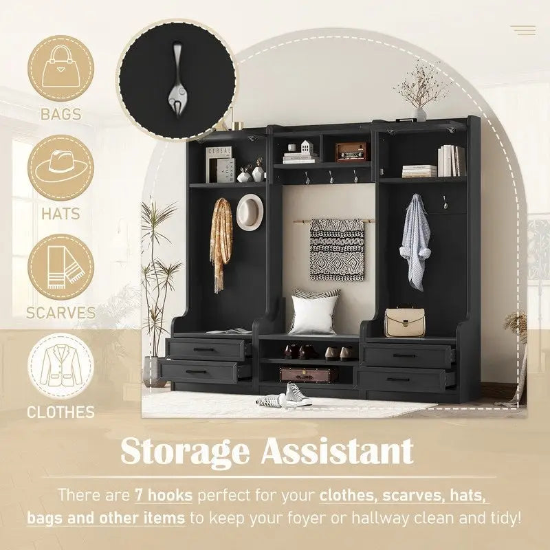 Dark Gray Hall Tree with Storage Cabinets, Open Shelves, Coat Hooks, Drawers and Shoe Bench