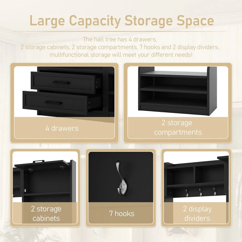 Dark Gray Hall Tree with Storage Cabinets, Open Shelves, Coat Hooks, Drawers and Shoe Bench