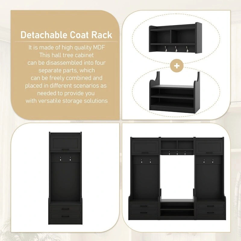 Dark Gray Hall Tree with Storage Cabinets, Open Shelves, Coat Hooks, Drawers and Shoe Bench