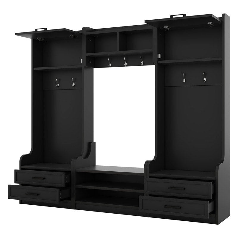 Dark Gray Hall Tree with Storage Cabinets, Open Shelves, Coat Hooks, Drawers and Shoe Bench