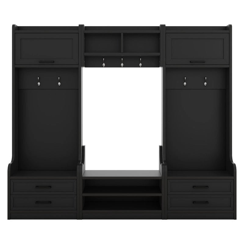 Dark Gray Hall Tree with Storage Cabinets, Open Shelves, Coat Hooks, Drawers and Shoe Bench
