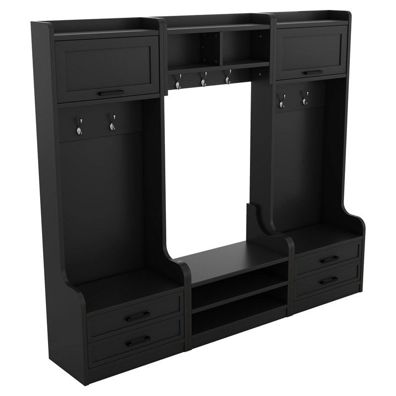 Dark Gray Hall Tree with Storage Cabinets, Open Shelves, Coat Hooks, Drawers and Shoe Bench