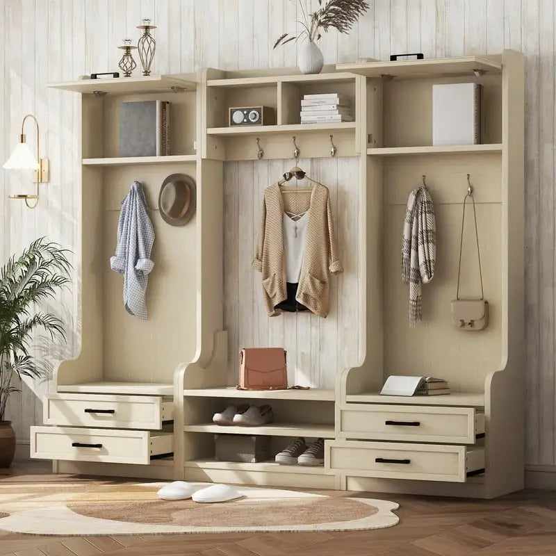 Dark Gray Hall Tree with Storage Cabinets, Open Shelves, Coat Hooks, Drawers and Shoe Bench
