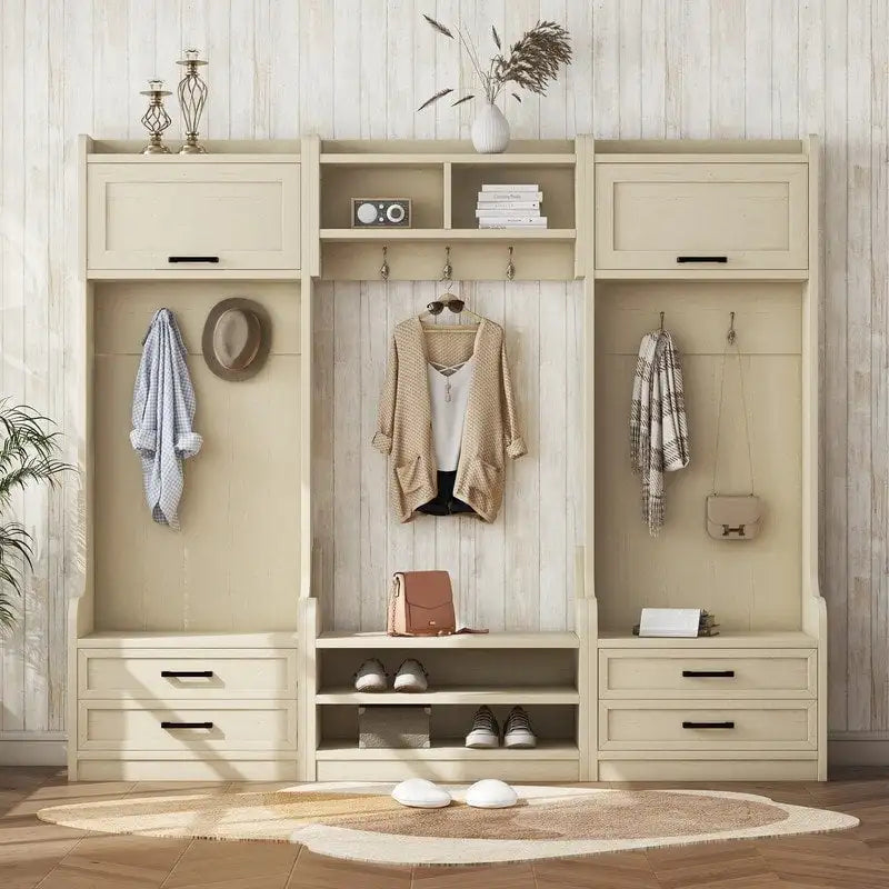 Dark Gray Hall Tree with Storage Cabinets, Open Shelves, Coat Hooks, Drawers and Shoe Bench