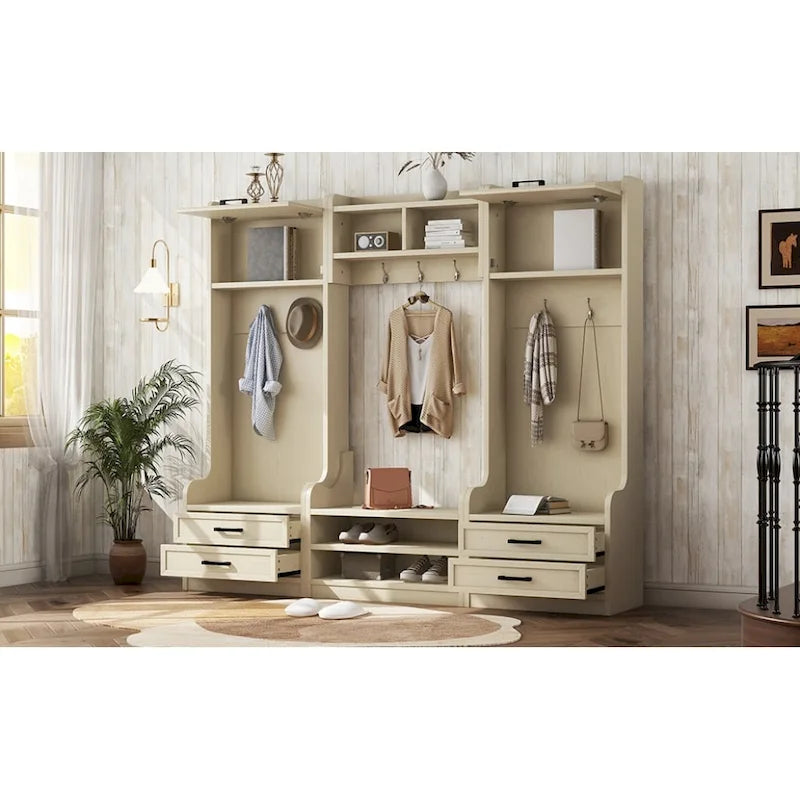 Dark Gray Hall Tree with Storage Cabinets, Open Shelves, Coat Hooks, Drawers and Shoe Bench
