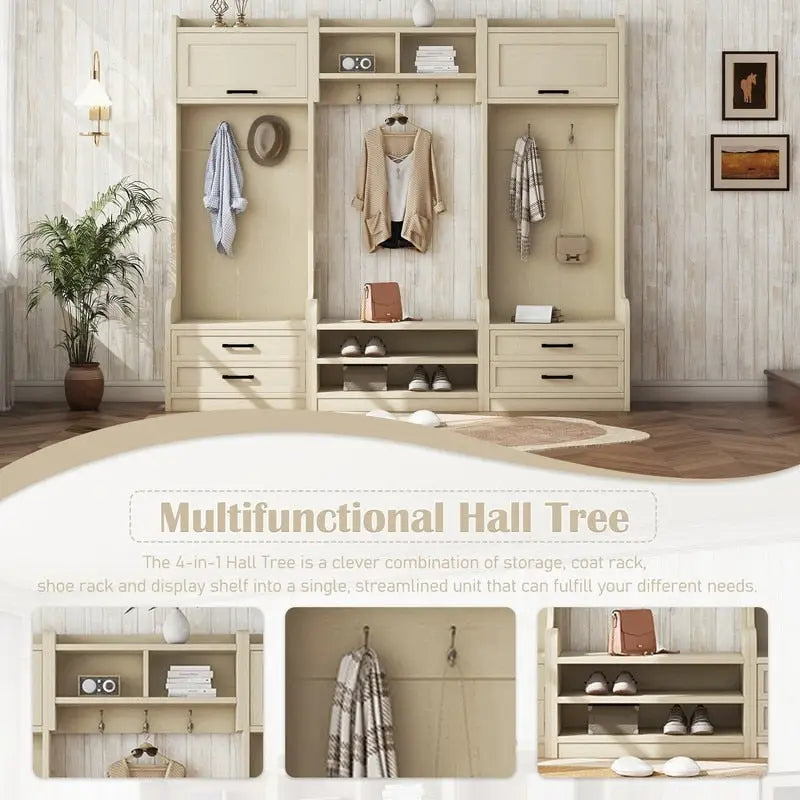 Dark Gray Hall Tree with Storage Cabinets, Open Shelves, Coat Hooks, Drawers and Shoe Bench