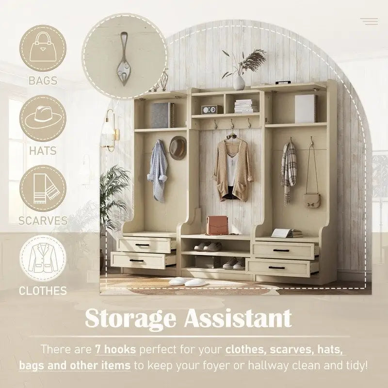 Dark Gray Hall Tree with Storage Cabinets, Open Shelves, Coat Hooks, Drawers and Shoe Bench