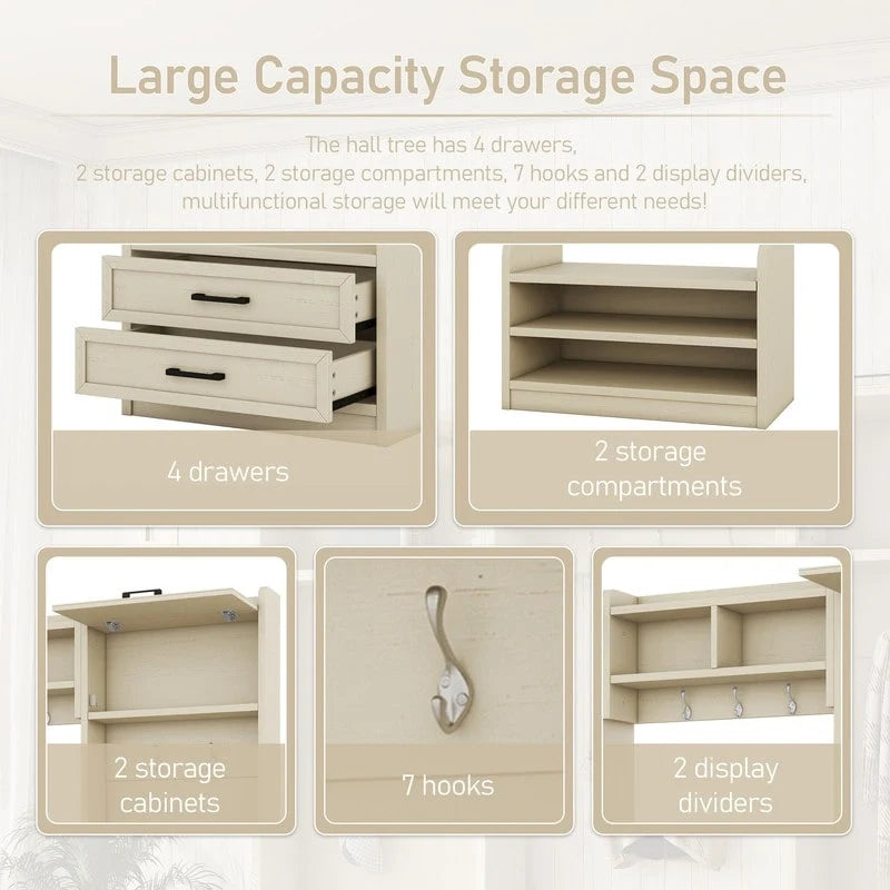 Dark Gray Hall Tree with Storage Cabinets, Open Shelves, Coat Hooks, Drawers and Shoe Bench