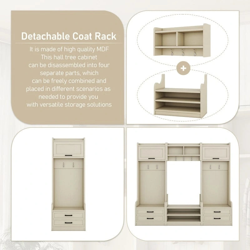 Dark Gray Hall Tree with Storage Cabinets, Open Shelves, Coat Hooks, Drawers and Shoe Bench