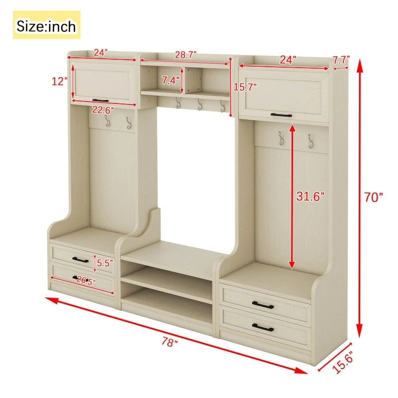 Dark Gray Hall Tree with Storage Cabinets, Open Shelves, Coat Hooks, Drawers and Shoe Bench