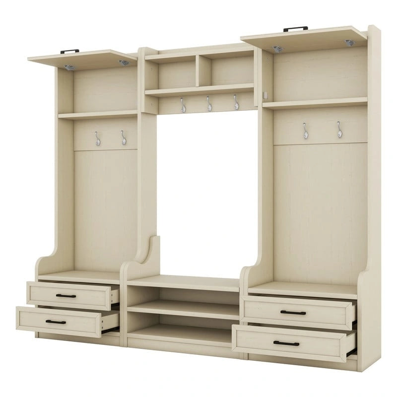 Dark Gray Hall Tree with Storage Cabinets, Open Shelves, Coat Hooks, Drawers and Shoe Bench
